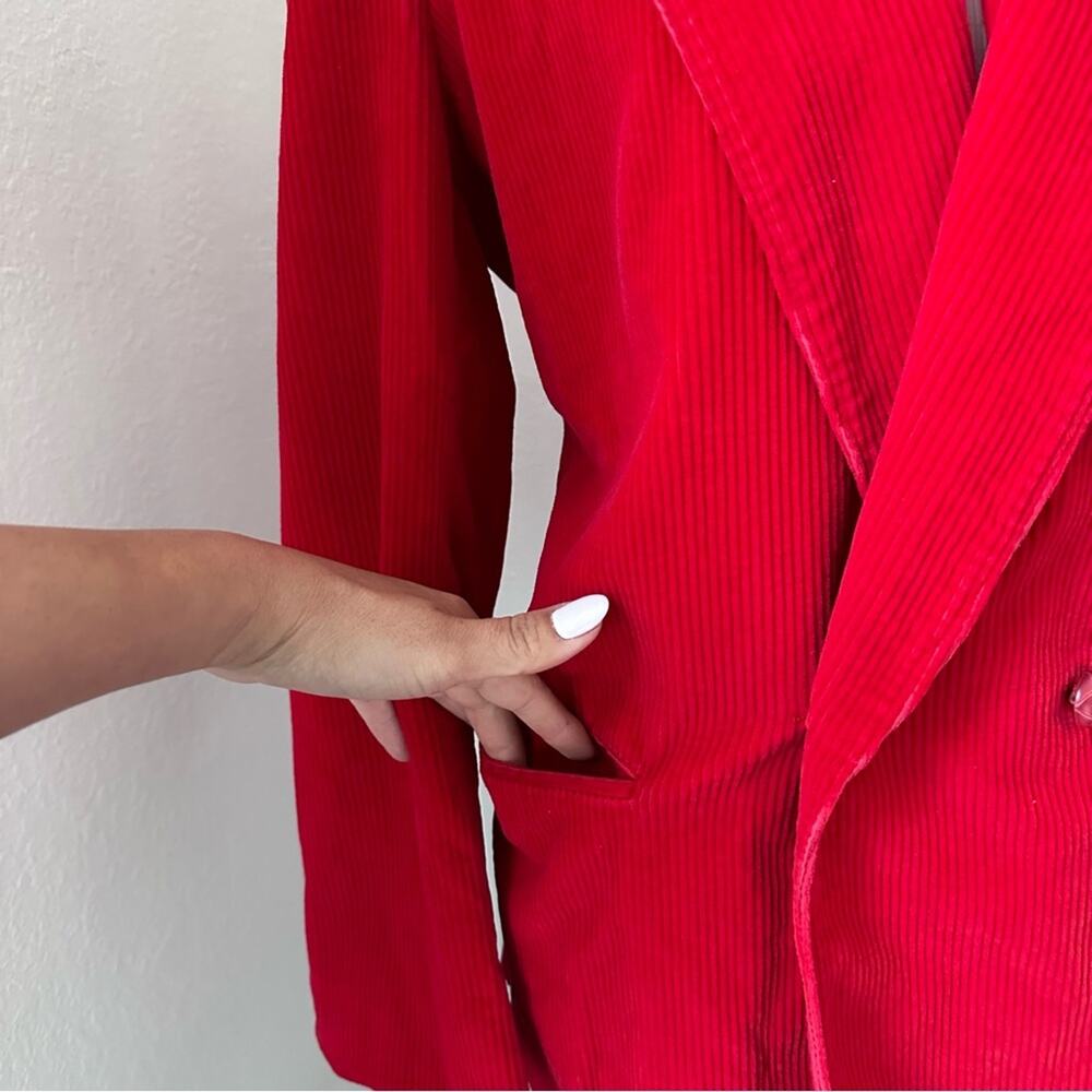Y2K Red Corduroy Blazer Structured Jacket Front Pockets 90s Retro Office Size 14 - Picture 6 of 10
